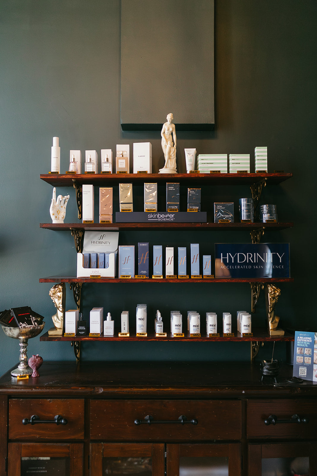 Skincare retail shelves at the skin sanctum in Denver co