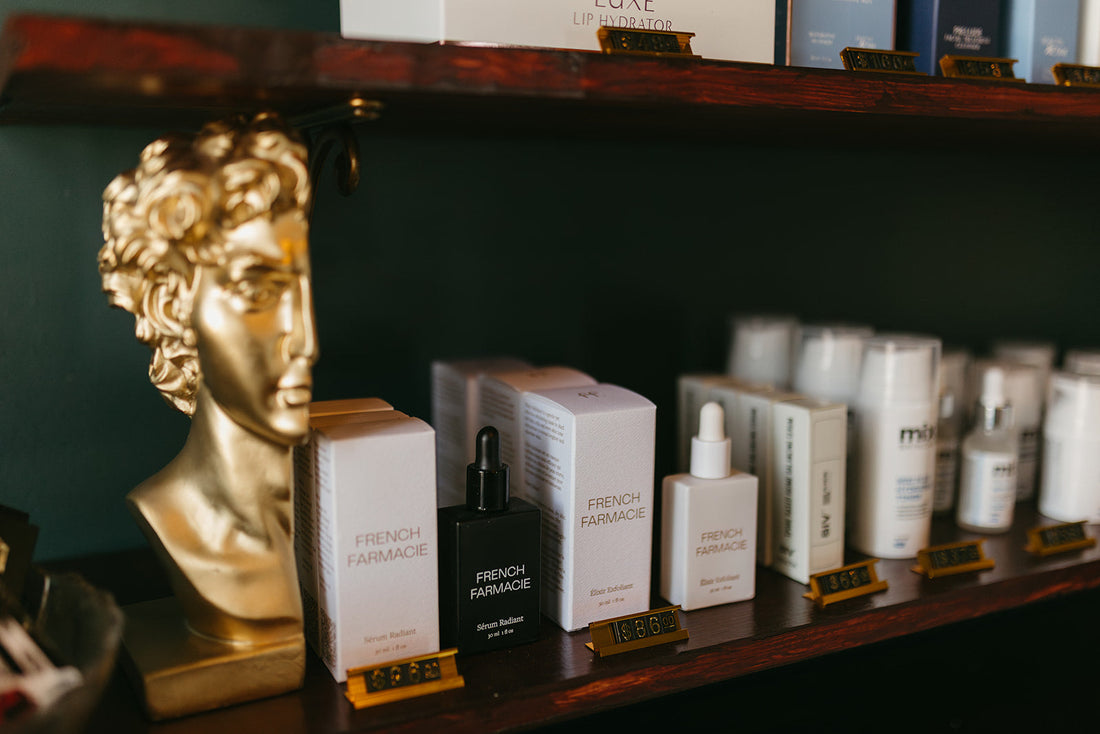 Skincare on a shelf at the skin sanctum spa in Denver co